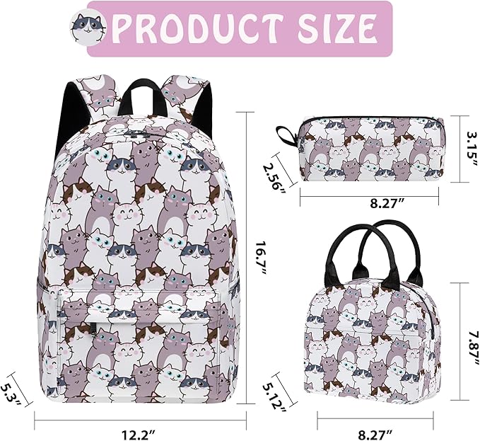 Cat Cute 3PCS Backpack Set for Teens Elementary Middle High School, 17 Inch Lightweight Classic Backpack 3 in 1 Set for Girls Boys, Kids Back to School Backpack with Lunch Box Pencil Case