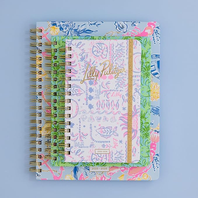 Lilly Pulitzer Medium Planner August 2025 - December 2026, Weekly Agenda & Monthly Calendar, Stickers, Pockets, Spiral Binding, 5" x 8.25" (Tis the Sea Sun)