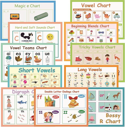 LUGMAZU 11Pcs/Set English Phonics Posters for Classroom, R Controlled Vowel Learning Wall Strip for Kids, Vowel Team Phonics Bulletin Board Set for School,Teacher Tool Supplies, 8.3''x11.7''