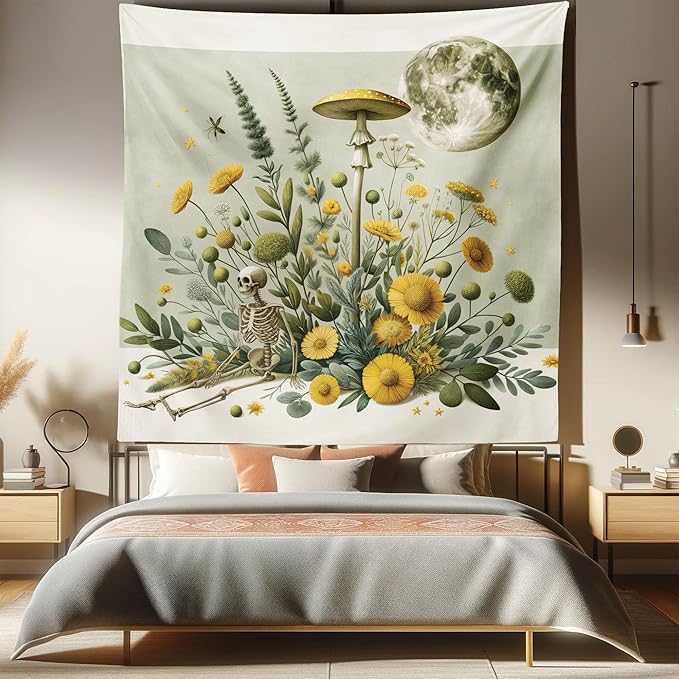 Ambesonne Trippy Tapestry Queen Size, Bohemian Botany Feel Leafy Jungle Flowers with Skeleton and Moon Ornate, Wall Hanging Bedspread Bed Cover Wall Decor, 88" X 88", Pale Green Earth Yellow