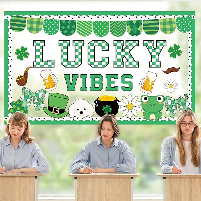 St.Patrick's Day Bulletin Board Decoration Set Green Shamrock Paper Cut Outs Lucky Vibes Bulletin Board Set for St.Patrick’s Party Supplies Home Office School Classroom Chalkboard Wall Decor