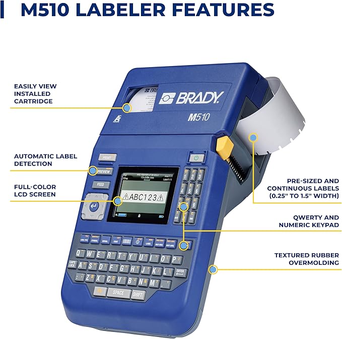 Brady M510 Portable Industrial Label Printer Kit with Laboratory ID Software, Carrying Case, Label Cartridge, Rechargeable Battery and Charger, 3.75" H x 5.75" W x 10" D