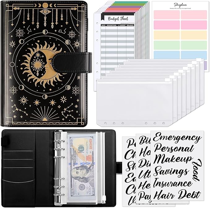 SKYDUE Budget Binder, Money Saving Binder with Zipper Envelopes, Cash Envelopes and Expense Budget Sheets for Budgeting (Black Golden)