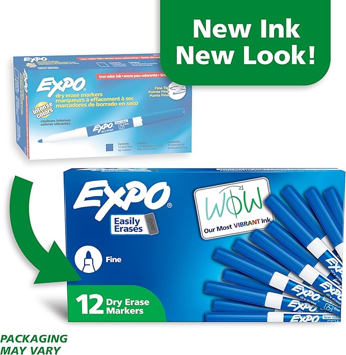 EXPO Dry Erase Markers, Low Odor Ink, Blue, Fine Tip, 12 Count - Whiteboard, Calendar, Organization, Essential Supplies for Office, School, Classroom, Teachers