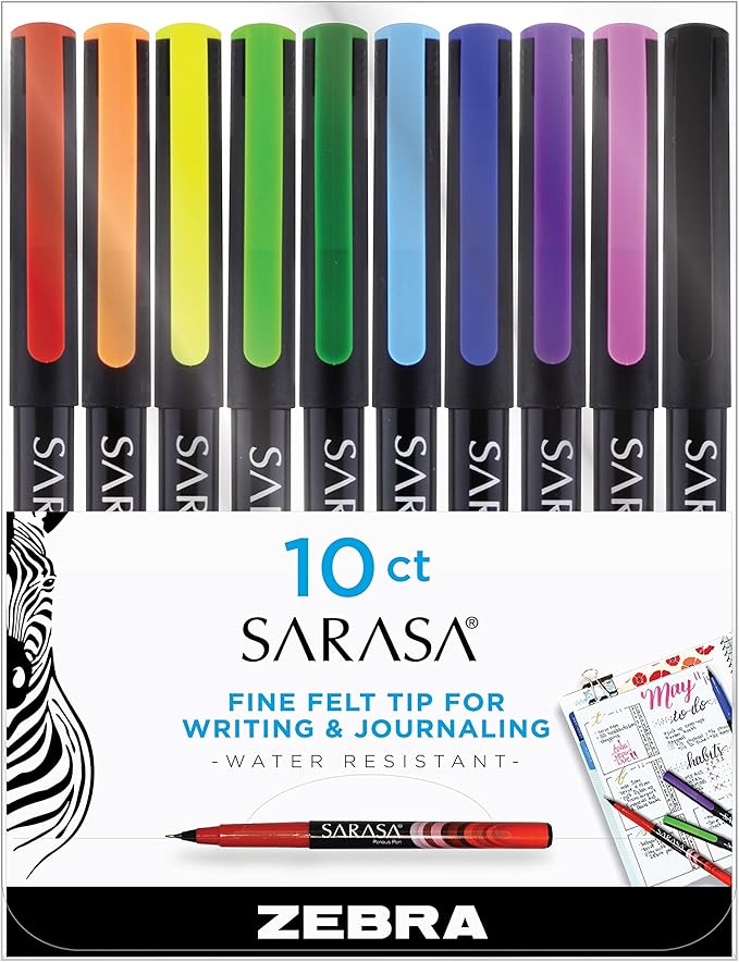 Zebra Pen, SARASA Fineliner Felt Tip Pens, 0.8mm Porous Point, Assorted Colors, Archival Quality, Acid Free, Fast-Drying Ink, Smooth Writing for Notes, Planners, and Journals, 10-Pack (67101)