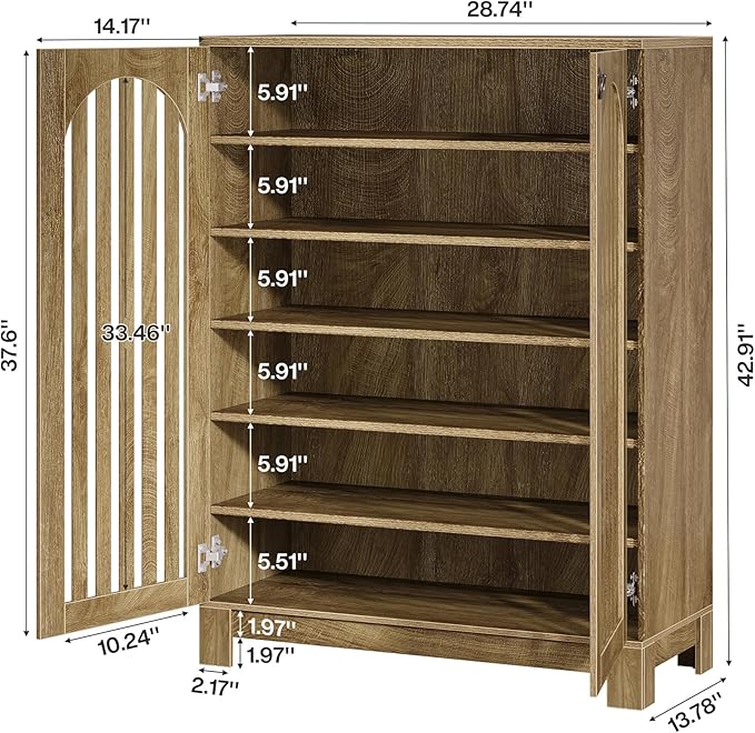Tribesigns Shoe Cabinet with Shutter Doors, 6-Tier Shoe Storage Cabinet, Entryway Shoe Rack Organizer with Adjustable Shelves for Living Room, Bedroom, Natural Wood