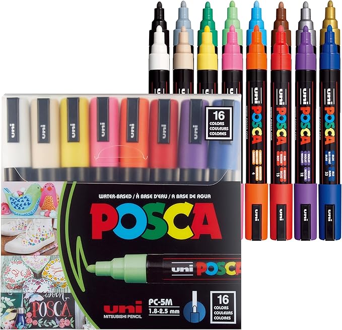 uni POSCA PC-5M Water-Based Paint Markers, Reversible Medium Tip (1.8-2.5mm), Assorted Colors, 16 Pack