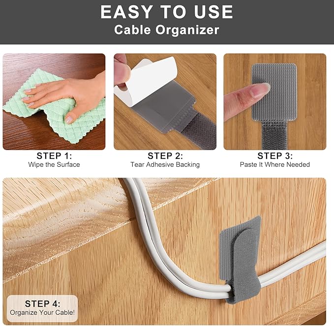 20-Pack Large Reusable Self-Adhesive Cable Ties cable management Adjustable Hook & Loop Straps for Organizing Data Cables, Wires, Headphones Under-Table Cord Management for Home, Office