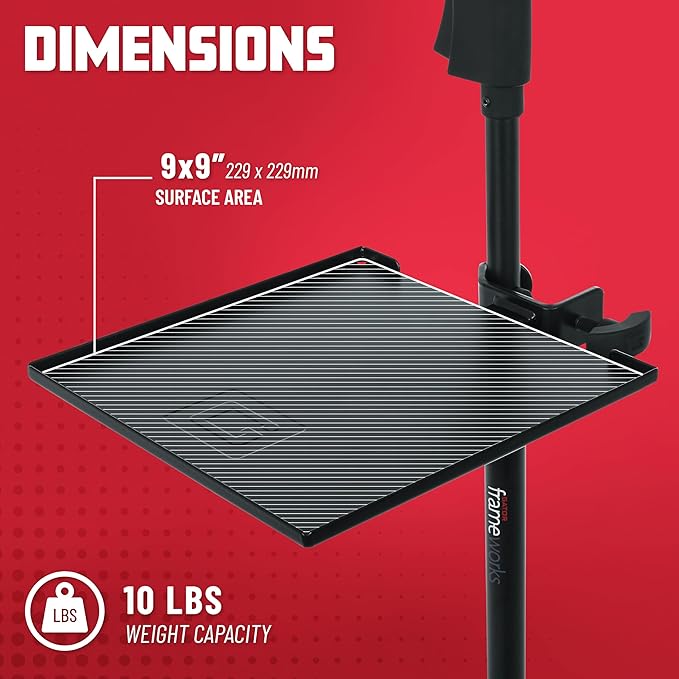 Gator Frameworks Microphone Stand Clamp-On Utility Shelf with 10 Pound Weight Capacity, 9" x 9" Shelf (GFW-SHELF0909)