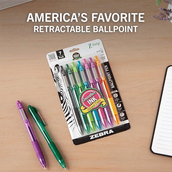 Zebra Pen Z-Grip Retractable Ballpoint Pen, Smooth-Flowing Assorted Fashion Colors, 1.0mm Medium Point, School & Office Supplies, Ideal for Note-Taking, Journal and Planner Use, 7-Pack (22276)