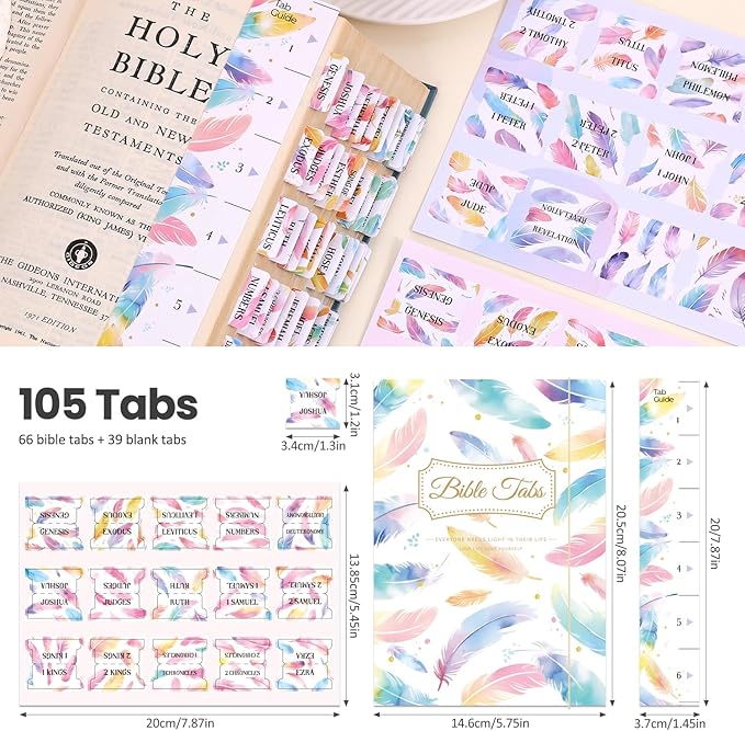Bible Tabs For Women, 66 Large Print Laminated Bibles Chapters Index Tabs and 39 Blank Dividers Sticky Labels, Cute Beauty Feather Bible Study Supplies, Journaling Accessories, Christian Gifts for Men