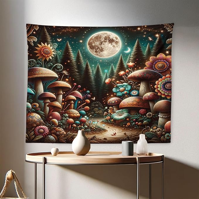 Ambesonne Aesthetic Tapestry, Colorful Psychedelic and Traditional Detailed Mushrooms Night Forest, Fabric Wall Hanging Decor for Bedroom Living Room Dorm, 28" X 23", Dark Teal Purple Orange