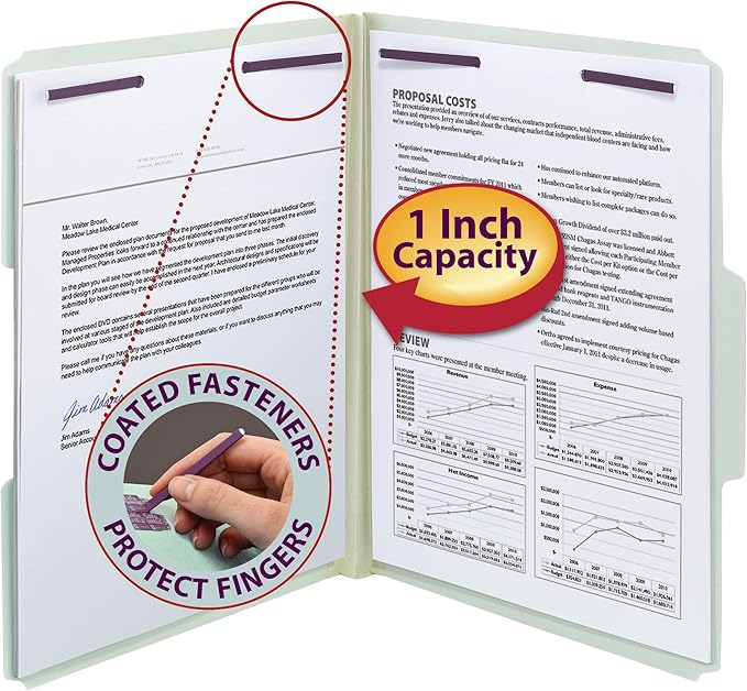 Smead Pressboard Fastener File Folder with SafeSHIELD Fasteners, 2 Fasteners, 1/3-Cut Tab, 1" Expansion, Letter Size, Gray/Green, 25 per Box (14931)