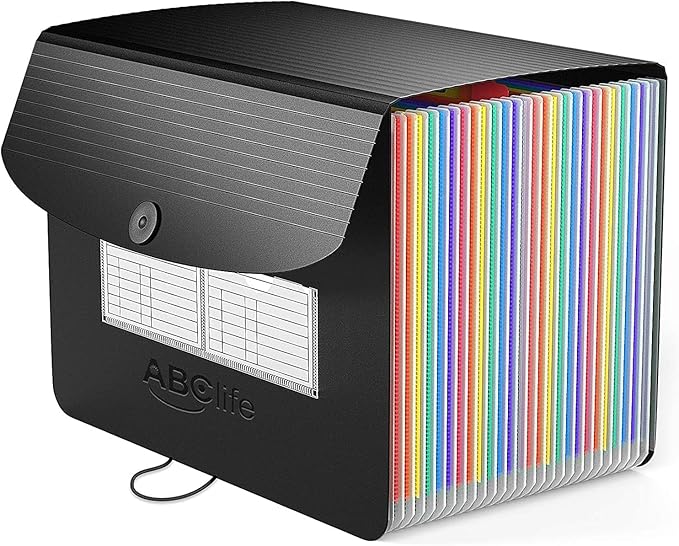ABC life 26-Pocket Expanding File Folder, Large Capacity Document Organizer with 1/3 Cut Tabs, Letter Size Accordion File Organizer for Tax, Bills, and Receipts - Black