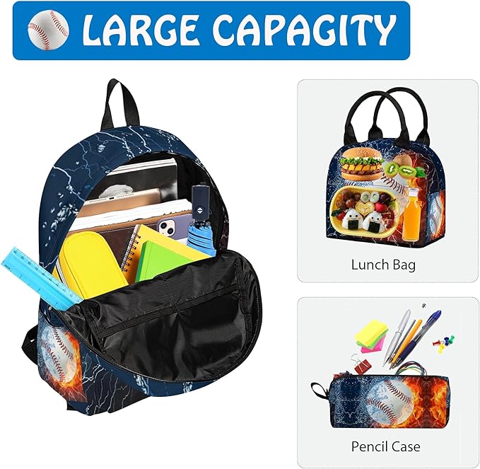 3PCS Backpack for Boys Girls, Kids Baseball Back to School Backpack Sets with Lunch Bag Pencil Case, 17 Inch Lightweight Bookpack 3 in 1 Set for Teens Elementary Middle High School Students