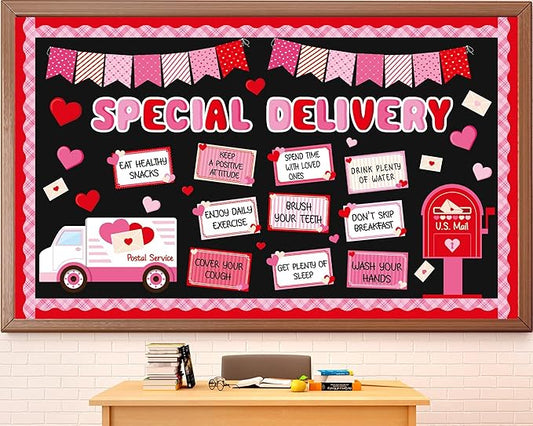 party greeting Valentine's Day Bulletin Board Set Valentines Special Delivery Classroom Decorations Heart Mailbox Paper Cutouts Bulletin Board for School Home Nursery Chalkboard Wall Door Supplies