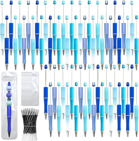 150 Pieces DIY Beadable Pen Kit – 50 Plastic Ballpoint Pens with Refills & Bags – School Supplies, Office Accessories & Decorative Items for Students & Teachers (Blue)