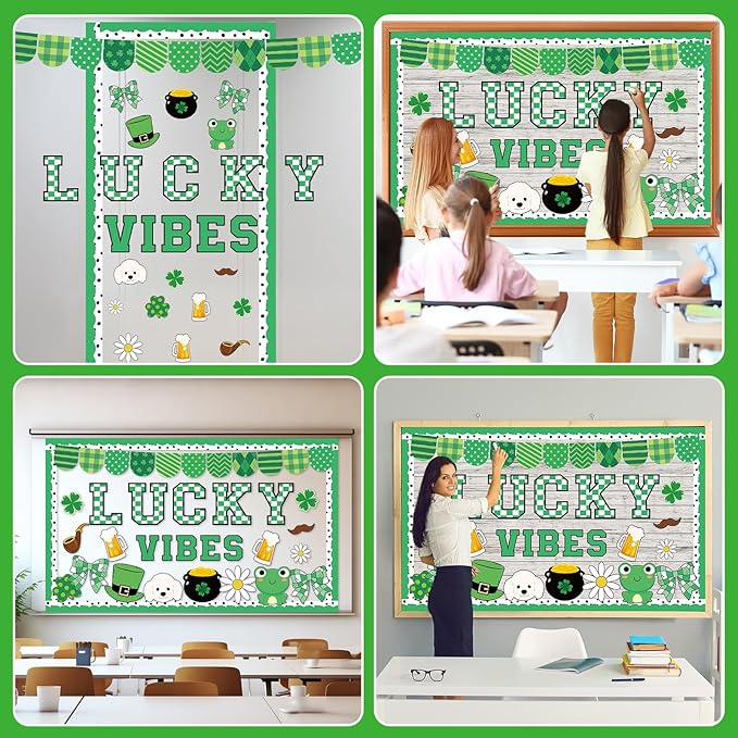 St.Patrick's Day Bulletin Board Decoration Set Green Shamrock Paper Cut Outs Lucky Vibes Bulletin Board Set for St.Patrick’s Party Supplies Home Office School Classroom Chalkboard Wall Decor