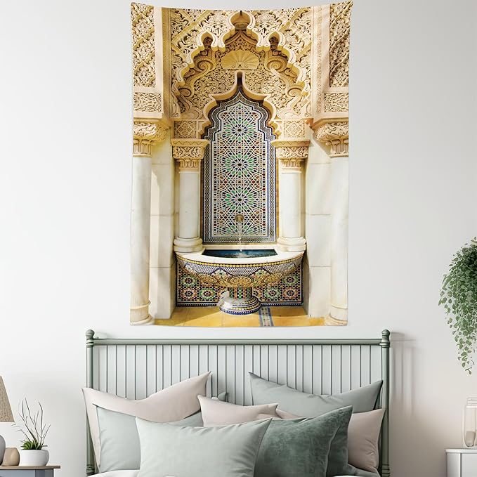 Ambesonne Moroccan Tapestry, Vintage Building Design Art Historic Exterior Facade with Mosaic Print, Fabric Wall Hanging Decor for Bedroom Living Room Dorm, 30" X 45", Ivory Pale Brown Blue