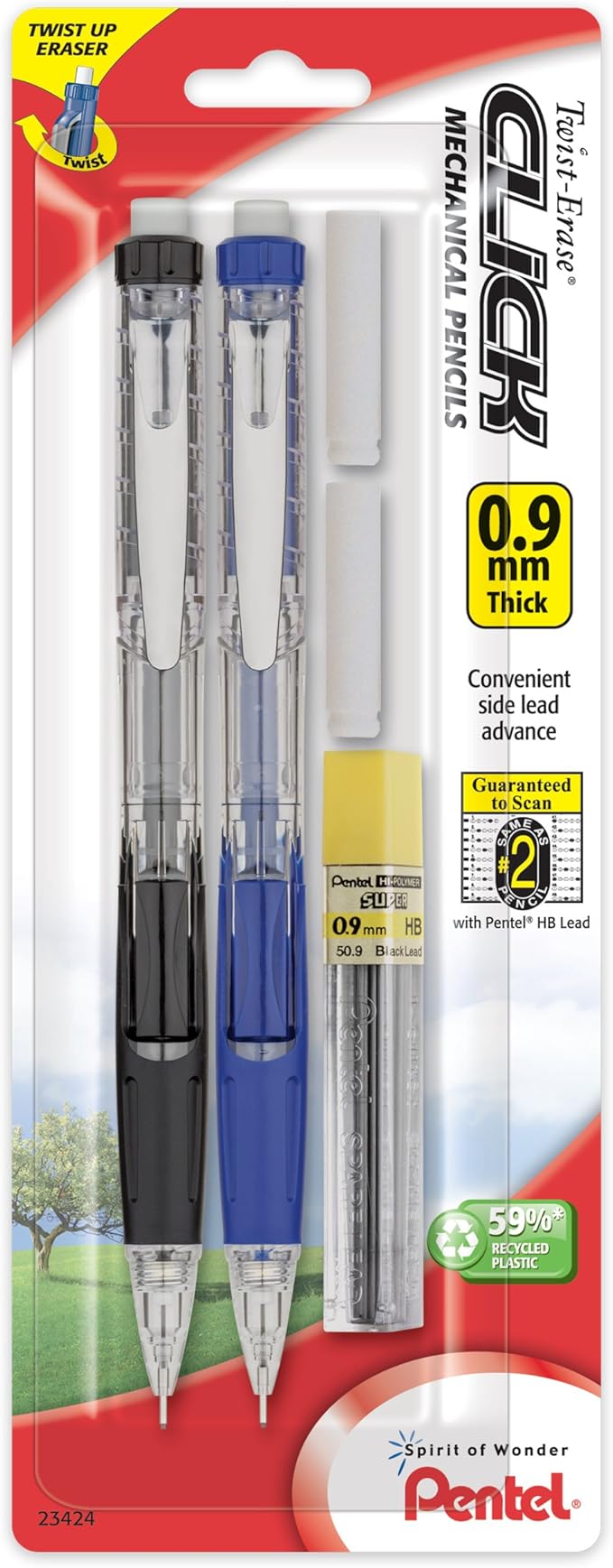 Pentel Twist Erase Click Automatic Pencil with 2 Eraser Refills and Lead, 0.9 mm, Assorted Barrels, Color May Vary, 2 Pack (PD279TLEBP2)