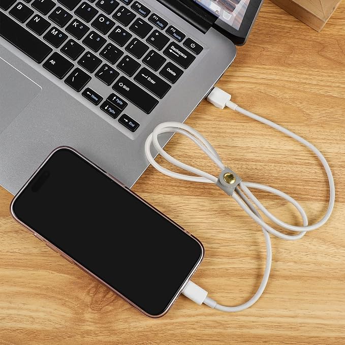 12 Pcs Cord Organizer, Stocking Stuffers for Men Portable PU Leather Cord Holder Winder Keeper Earphone Cable Cord USB Straps Earphone Winder with Leather Handmade(Black/White/Grey)