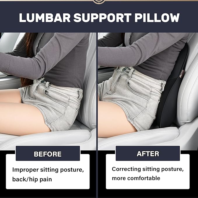 Coverado Lumbar Support Pillow for Car, Ergonomic Memory Foam Back Pillow for Office Chair, Back Cushion for Back Pain Relief, PU Leather Car Lumbar Support for Driving Seat - Black