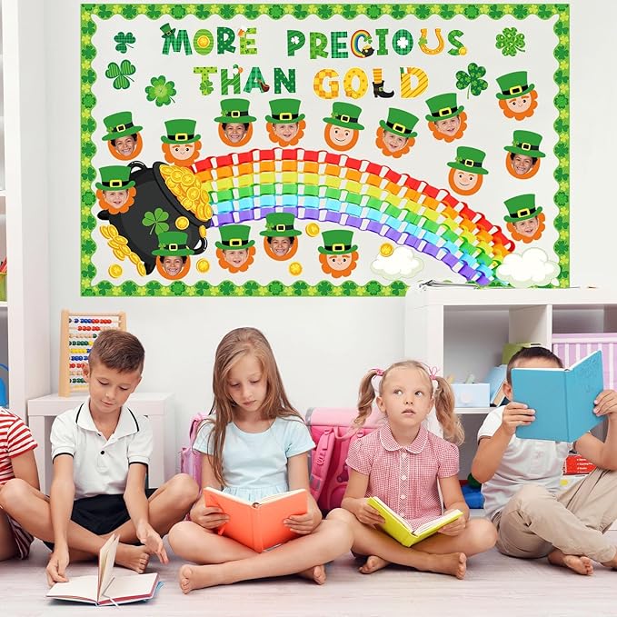 Pasimy St. Patrick's Day Bulletin Board Decorations Set Shamrocks Gold Coin 3D Rainbow Paper Cutouts Lucky Clover Bulletin Board Borders for Green Irish Holiday School Home Wall Decor(Leprechaun)