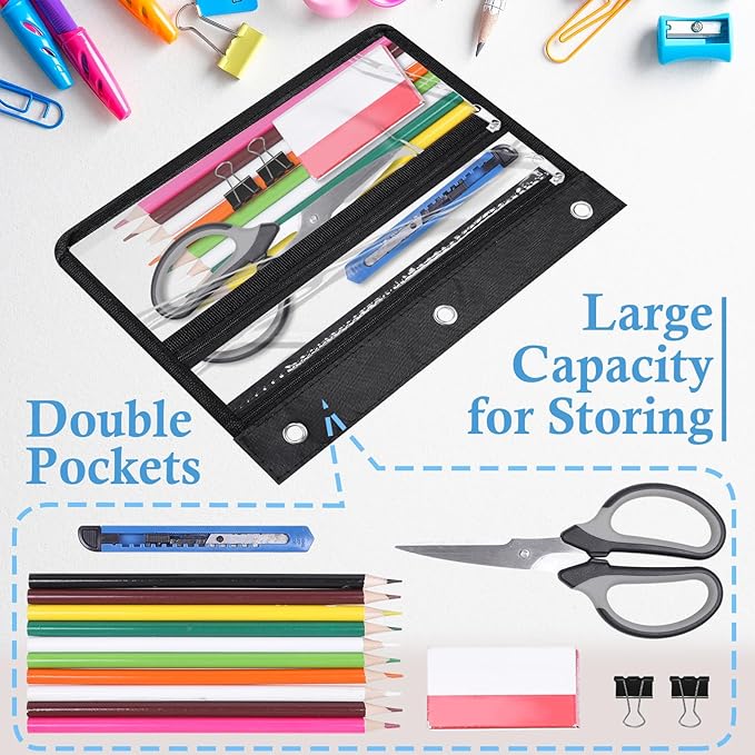 YoeeJob 24 Pack Zipper Pencil Pouches for 3 Ring Binder, 1.5 Inch Expandable with 2 Pockets and Clear Window for School and Office （Black）