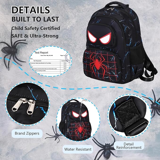 Kids Backpack Boys Spider Backpack with Lunch Box Kindergarten Elementary Middle School Toddler Bookbag for Boys Ages 4-14, Spider-Blue