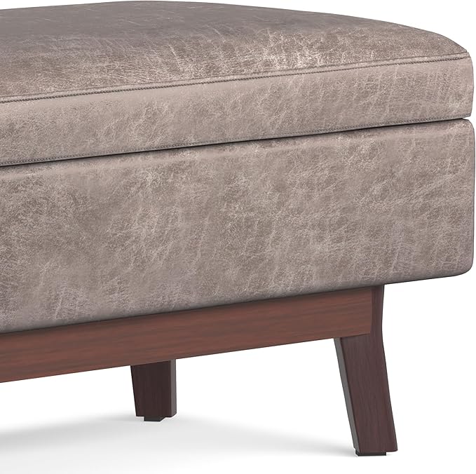 SIMPLIHOME Owen Rectangular Storage Ottoman - 48 inch Wide Upholstered Vegan Leather Lift-Top Ottoman in Distressed Grey Taupe, Mid-Century Modern Ottoman for Living Room with Tufted Detail