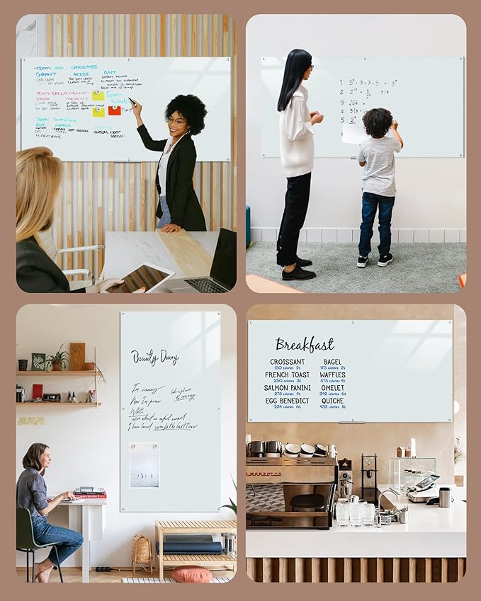 Mifuro Magnetic Glass Whiteboard，96"x48" Wall Mounted Frameless Dry Erase Board for Office, Home & School White