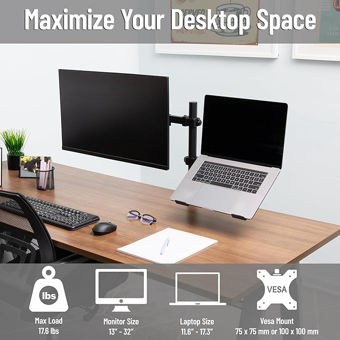 Mind Reader Dual Arm Monitor and Laptop Desk Mount, Adjustable Stand for 17"–32" Screens, VESA 75x75/100x100, 180° Rotation, ±90° Swivel, ±90° Tilt, Black