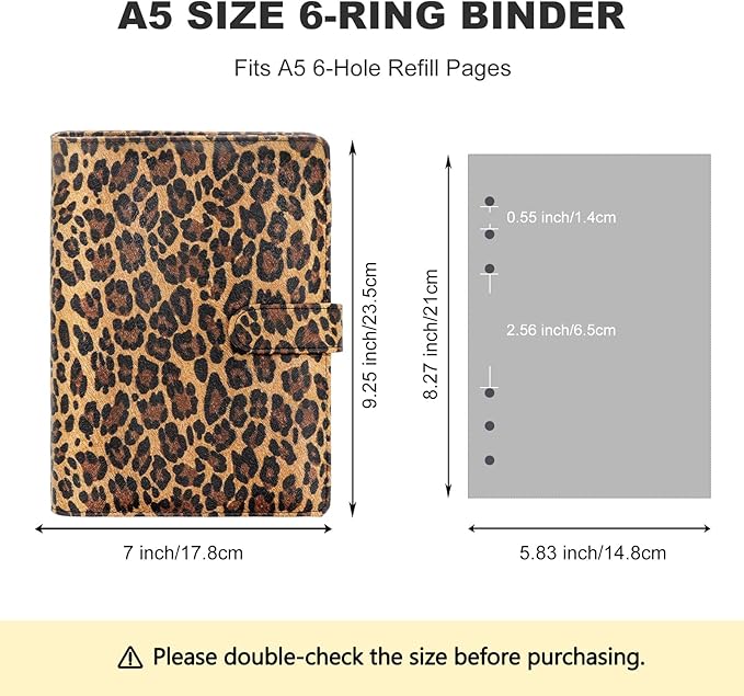 A5 Refillable 6 Ring Faux Leather Budget Binder,Mini Notebook Binder Cover for A5 Filler Paper,Loose Leaf Personal Planner Cover with Magnetic Buckle Closure(Leopard)