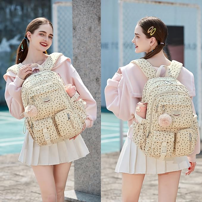 School Backpack Set for Teens Girls Women 3PCS Corduroy Lightweigh Laptop Backpacks with Lunch Box Pencil Kids Elementary Middle High Bags Students 3 in1 Bookbag Travel Daypack, Floral