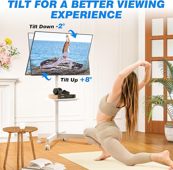 Rfiver Mobile TV Stand for 23-60 Inch LCD LED Flat/Curved Panel Screen TVs up to 88 lbs, Rolling TV Stand with Adjustable Shelf & Tilt, Portable Floor Stand on Wheels for Bedroom, Living Room, White