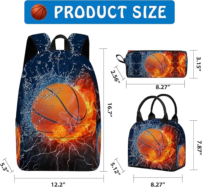 3PCS Backpack for Boys Girls, Kids Basketball Back to School Backpack Sets with Lunch Bag Pencil Case, 17 Inch Lightweight Bookpack 3 in 1 Set for Teens Elementary Middle High School Students