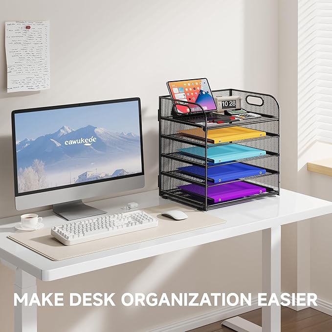 5 Tier Paper Organizer with Handle, Black Metal Mesh Desk Organizer File Folder Paper Letter Tray Desktop Document Sorter for Classroom, School, Office Accessories Organization and Storage