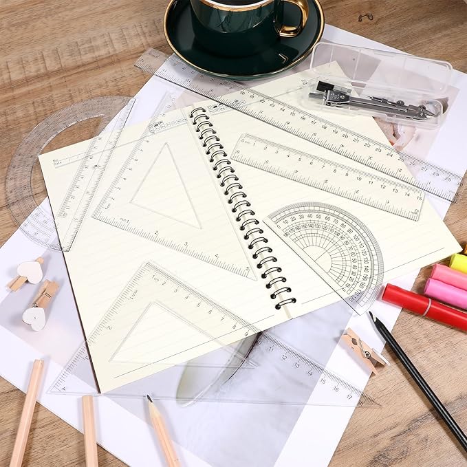 7PCS Geometry Math Set Plastic Clear 45/60 Degree Triangle Ruler 12 and 6 Inch Math Ruler 4 and 6 Inch Protractor and Compass Set with Box Measuring Tools for Students Teachers Office Supplies
