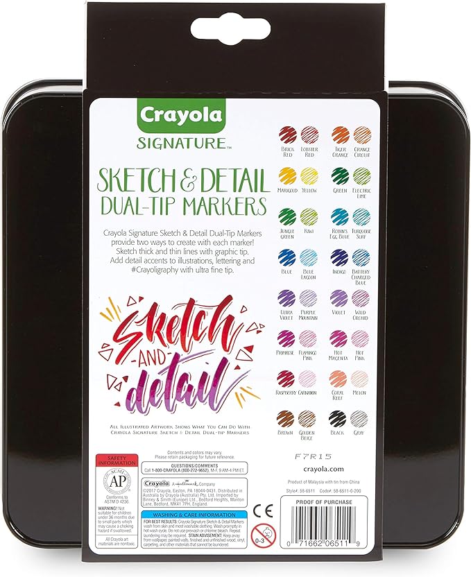 Crayola Sketch & Detail Dual-Tip Markers (16ct), Adult Coloring Set, 32 Colors, Fine & Brush Tip Art Markers, For Calligraphy & Drawing