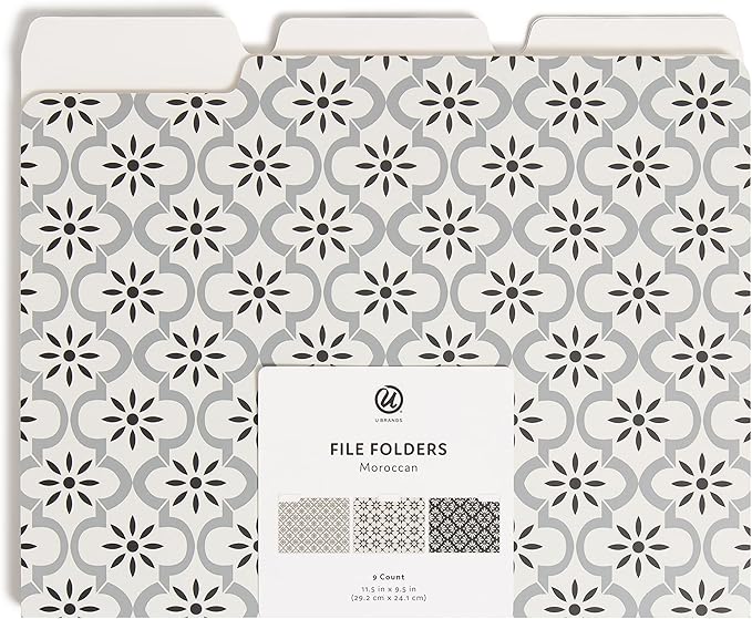 U Brands Fashion File Folders, 9 Count, 1/3-Cut Tabs in Assorted Positions, Letter Size, Office Supplies (Moroccan)