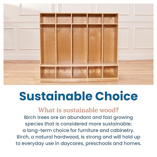 ECR4Kids 5-Section Coat Locker with Bench and Cubby Storage, Classroom Furniture, Natural