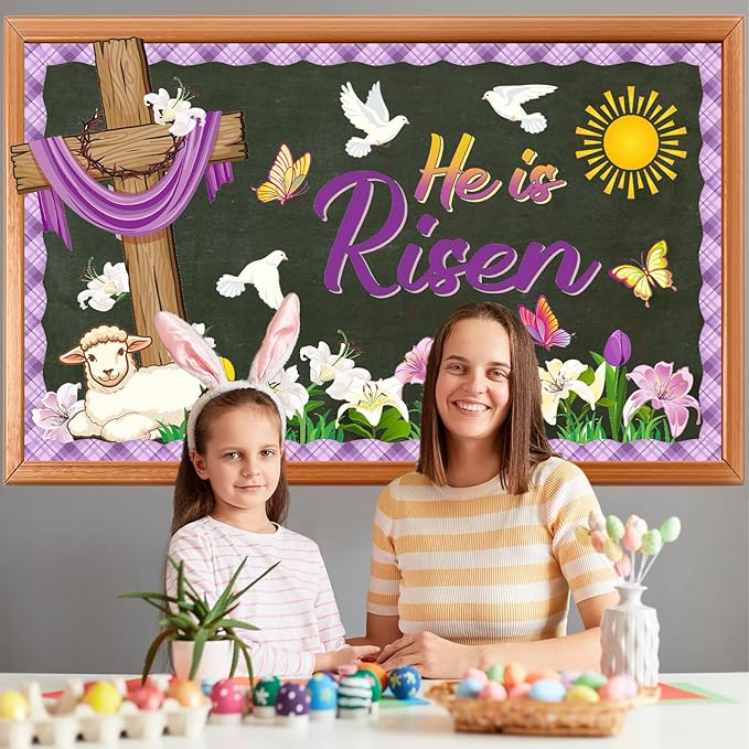 Pajean Easter Bulletin Boards Easter Classroom Decor Christian Religious Bulletin Board He is Risen Cross Bunny Egg Cutouts for Spring School Home Church Wall Door(Cross)