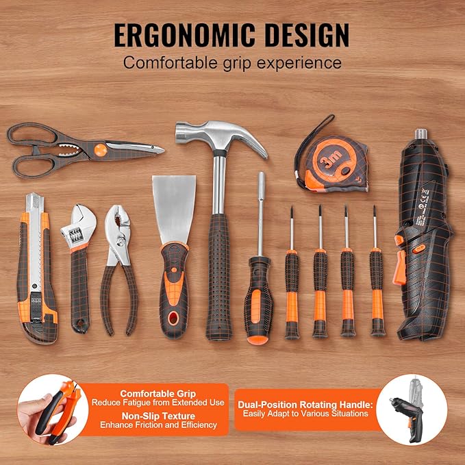 VEVOR Tool Kit, 96 Piece General Household Hand Tool Set, with Cordless Screwdriver and Portable Tool Storage Case, Steel, for Home Maintenance, DIY Projects, and Automotive Repair