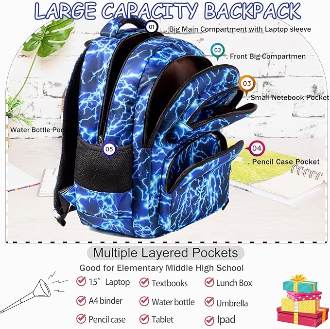 Kids Backpack Boys Lightning Backpack with Lunch Box Kindergarten Elementary Middle School Travel Sport Blue Bookbag for Boys Ages 4-14, Flash Lightning-Blue