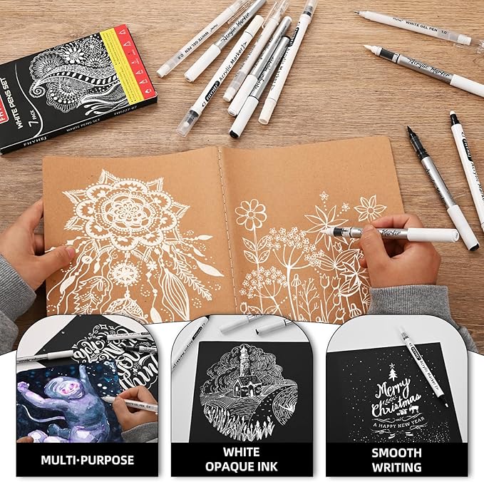 White Gel Pens Set of 7 – white Ink pen Dual-Tip Acrylic Paint Pen Brush Tip Acrylic Markers for Black Paper Drawing, Sketching, Illustration, Card Making