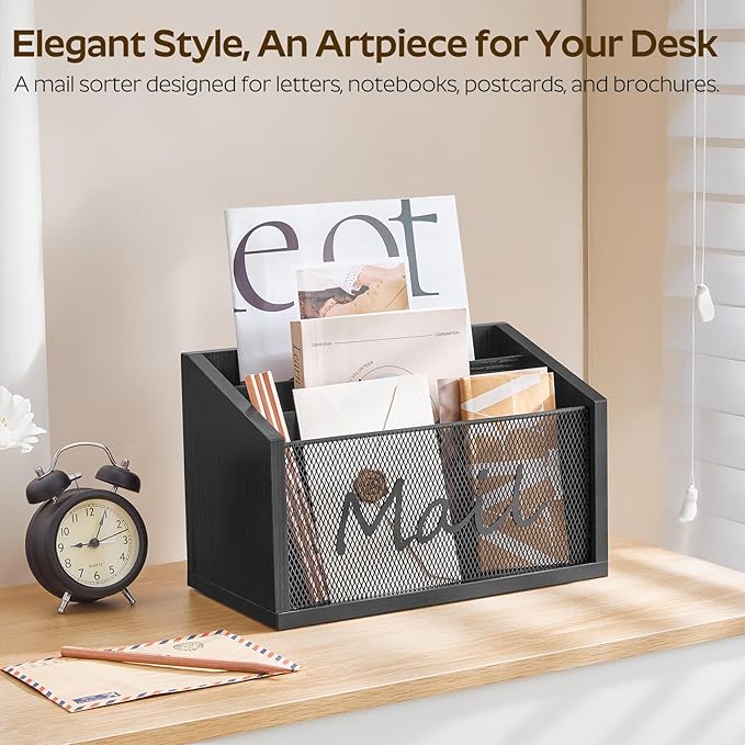 Mail Organizer Countertop, Mail Holder with 3 Slots, Mail Sorter for Desk, Wooden Office Desk Organizer, Mail Organizer for Magazines, Files, Papers, Folders, Black MR03BB