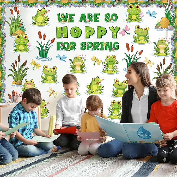Pasimy 68 Pcs Frog Bulletin Board Set Spring Summer Classroom Decorations Green Jumping Frog Pond Grass Dragonfly Flower Lotus Paper Cutouts Jungle Bulletin Border Trims for Chalkboard School Wall