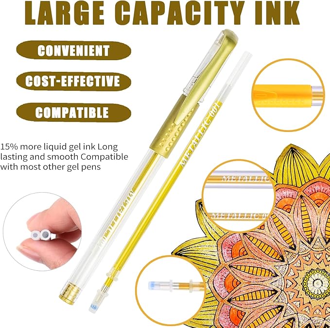 Orange Yellow Gel Pens,72 Color Gel Pens Set including 24 Color Gel Pen with 48 Refills,40% More Ink Colored Gel Pens for Drawing, Doodling, Scrapbook, Journaling