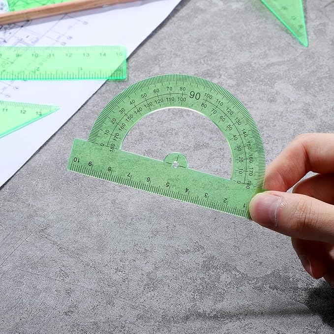 6Pcs Green Plastic Ruler Math Set Includes 12 & 6 Inch Straight Protractor Triangle Math Geometry Set Measuring Tool School Supplies Rulers for School Office Drawing Home