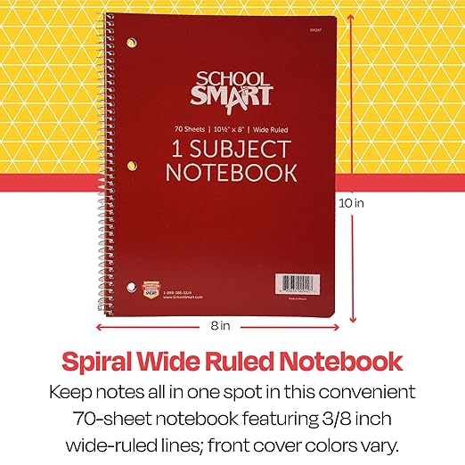 School Smart Spiral Wide Ruled Notebook, 8 x 10-1/2 Inches
